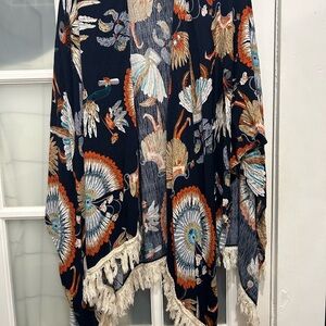 Bohemian Western Native American Fringe Kimono with Feather Print